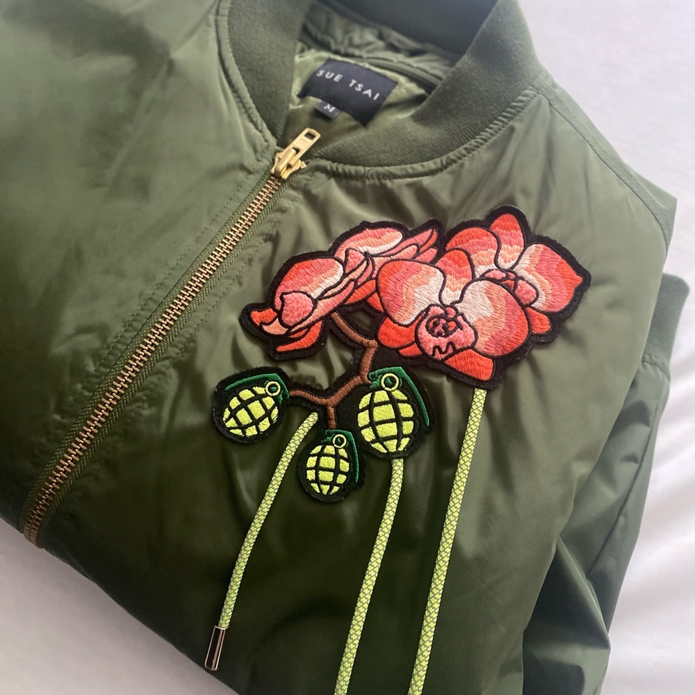 Olive Bomber Jacket with Floral Design
